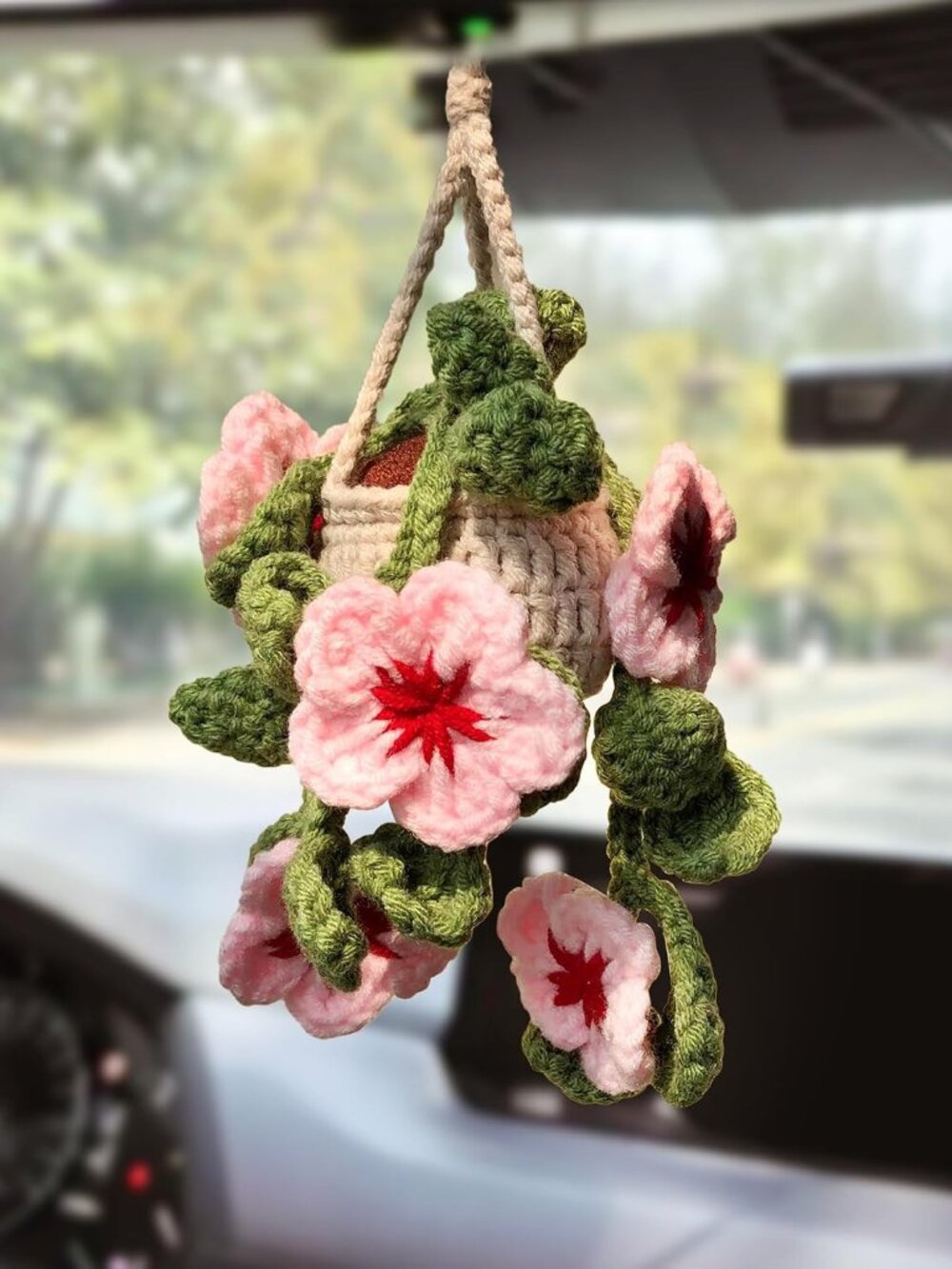 Cute Crochet Cherry Blossom Hanging Plant for Car Accessories, Aesthetic Decor R